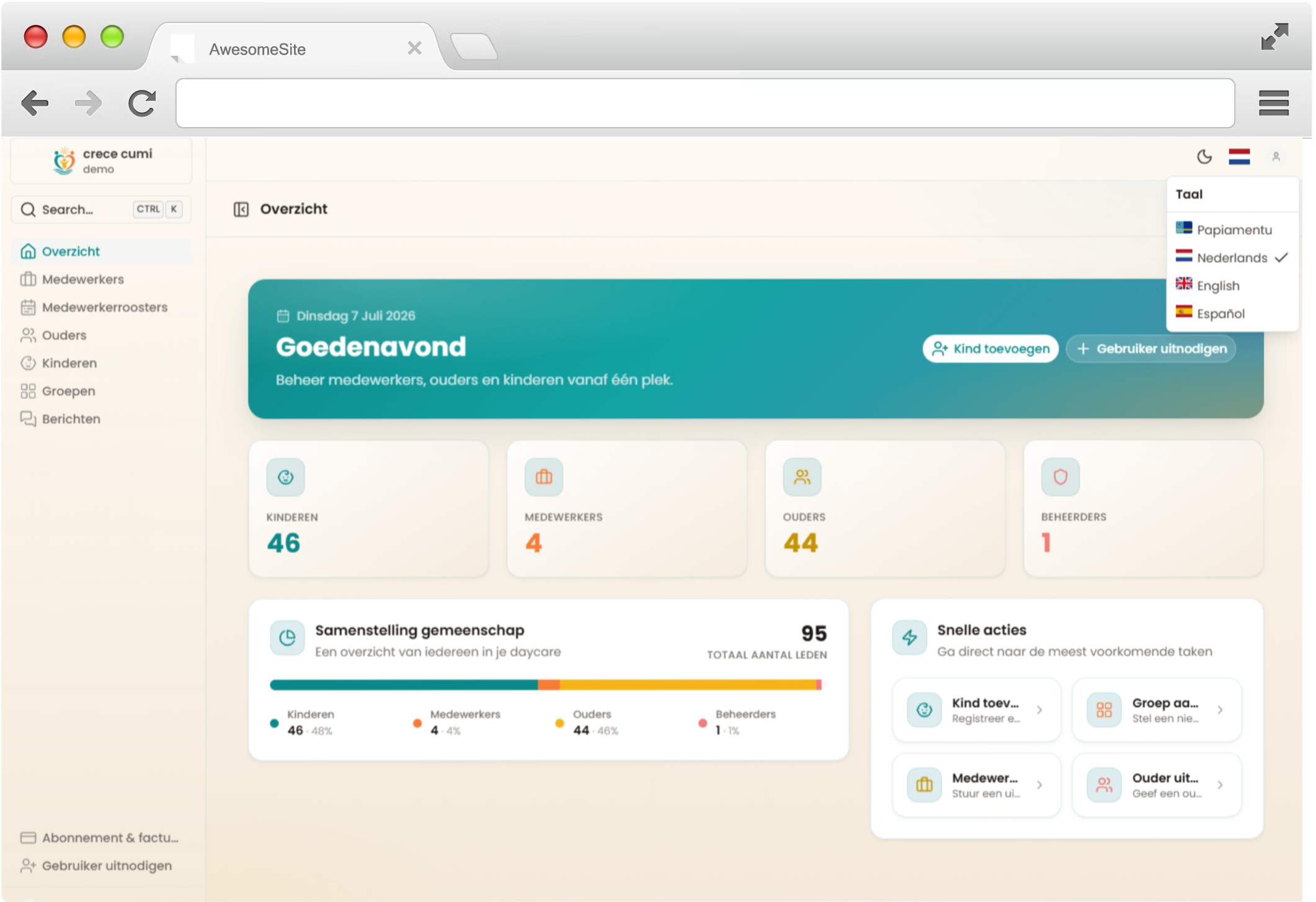 Crece Cumi adminportal dashboard in een browser mockup